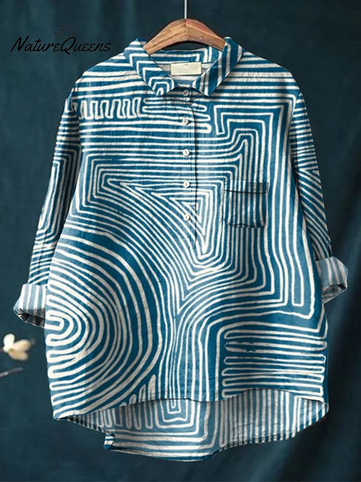 Geometric Line Pattern Printed Women's Casual Cotton And Linen Shirt