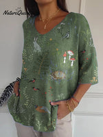 Woodland And Animals Repeat Pattern Printed Women's Casual Pullover Knit