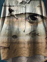 Vintage Funny Fish Art Print Casual Cotton And Linen Shirt