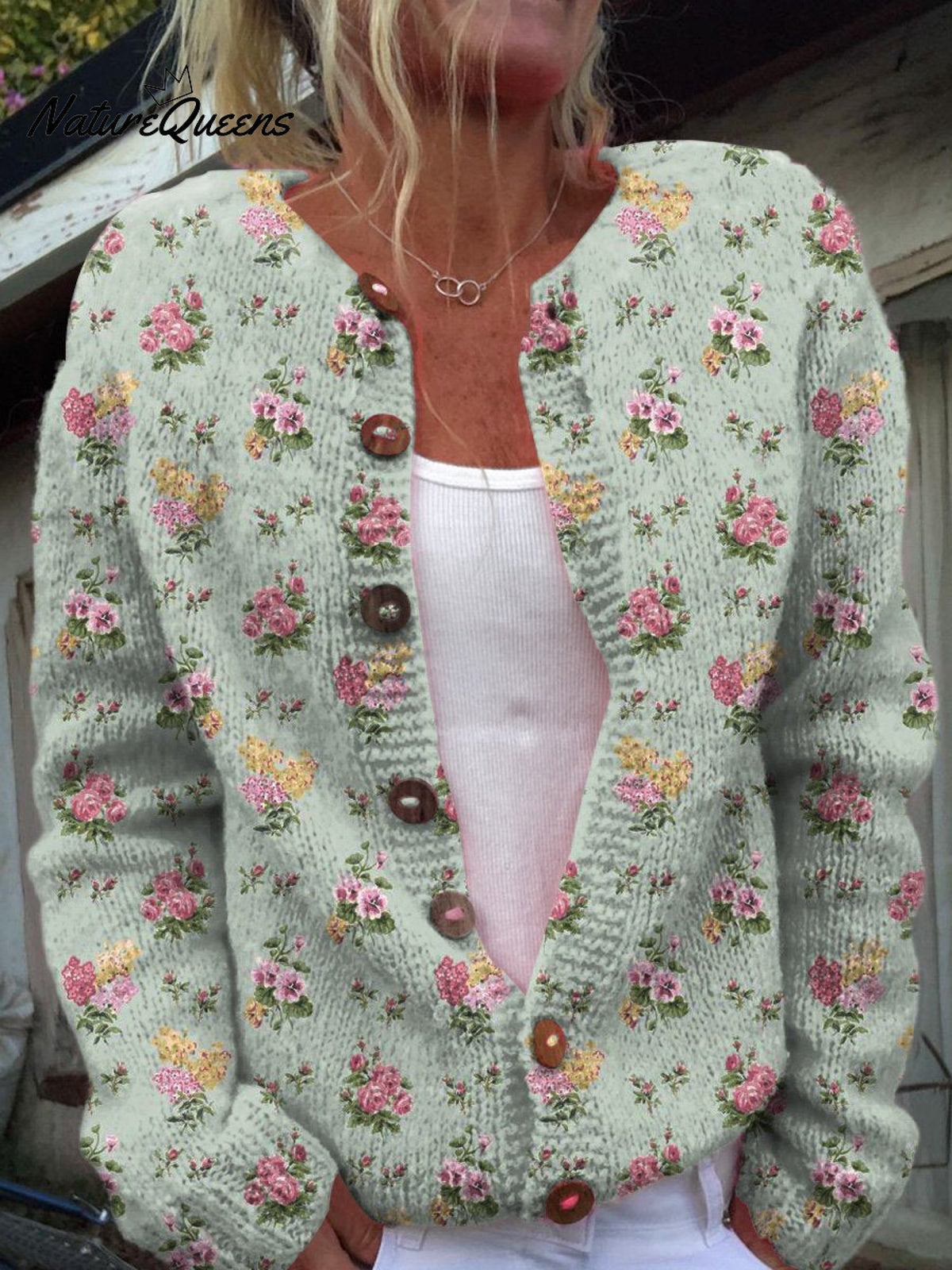 Lovely French Rose Repeat Pattern Printed Buttoned Cardigan Sweater