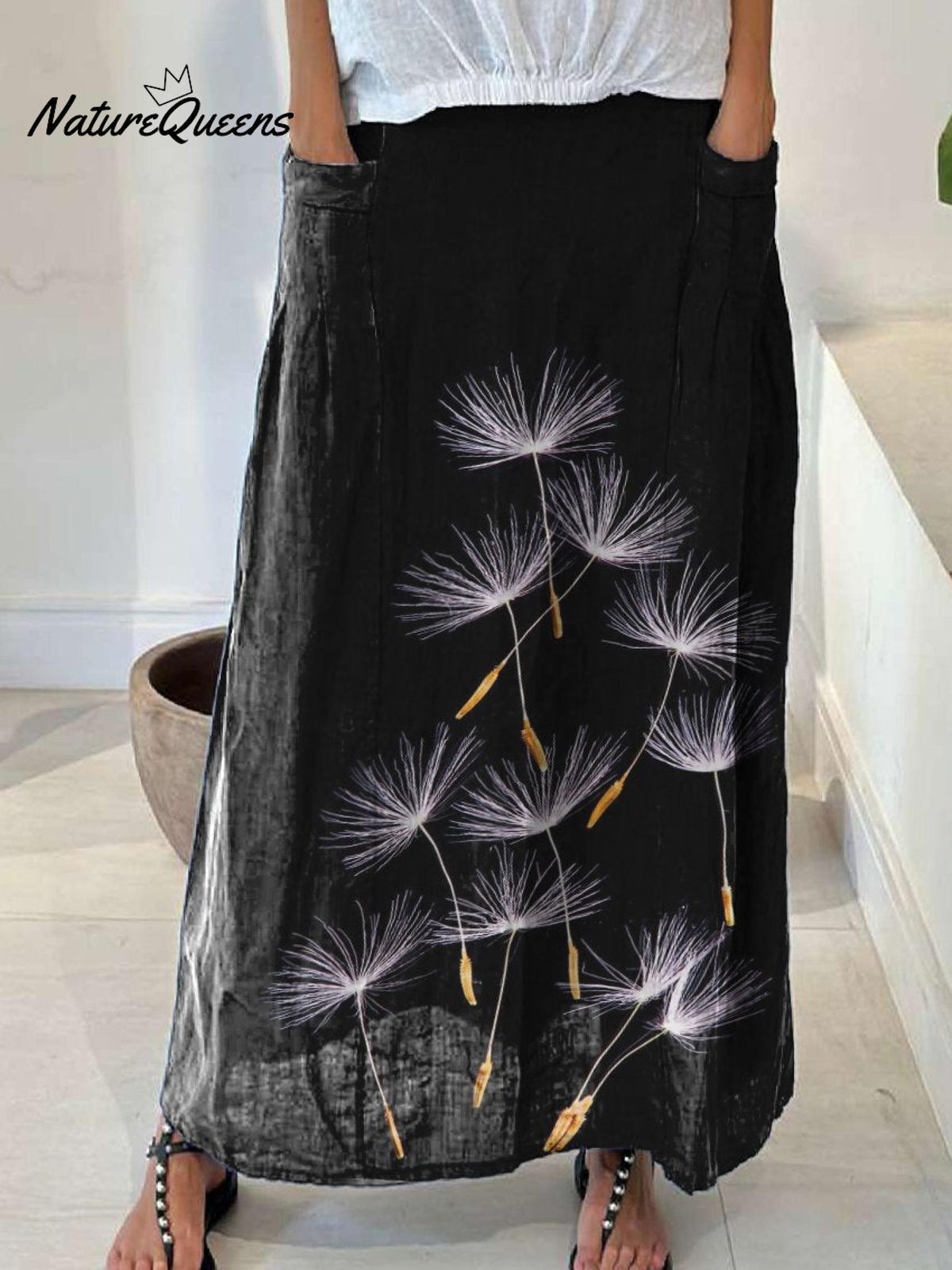 Women’s Flowers Dandelion Casual Print Linen Pocket Skirt