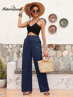 Women’s Linen High Waist Straight Wide Leg Summer Beach Pants Navyblue / S