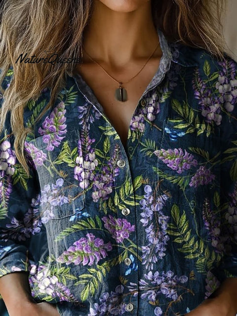 Lavender Repeat Pattern Printed Women's Casual Long Sleeve Comfortable Cotton Shirt
