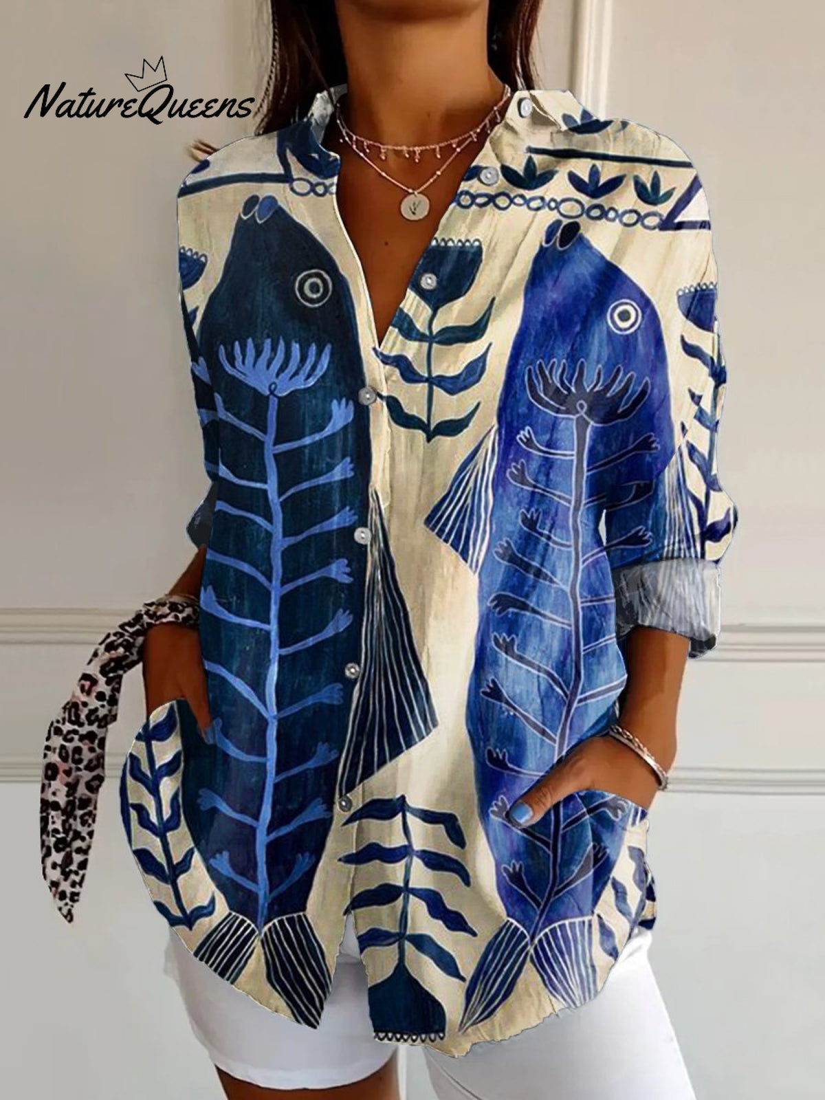 Women's Fish Art Print Casual Cotton Shirt