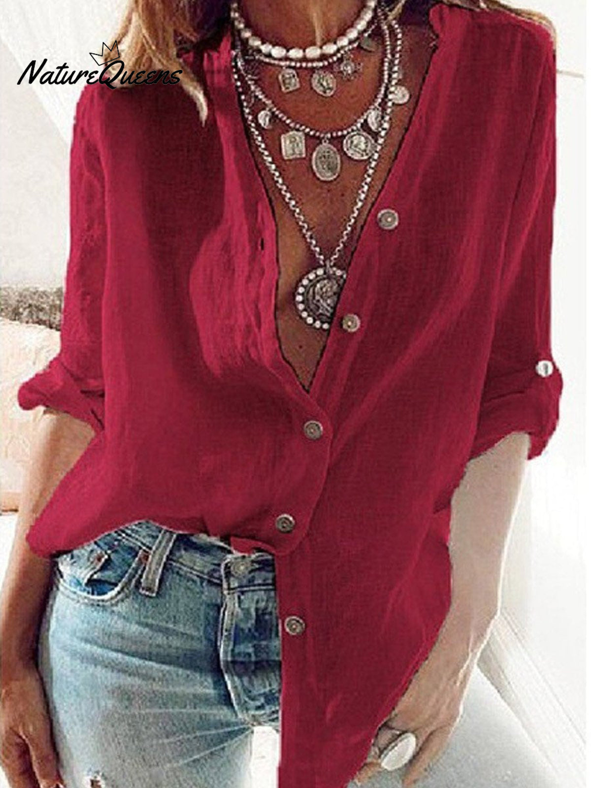 Women’s Solid Color Loose Elegant V - Neck Long - Sleeved Cotton Shirt Red / S
