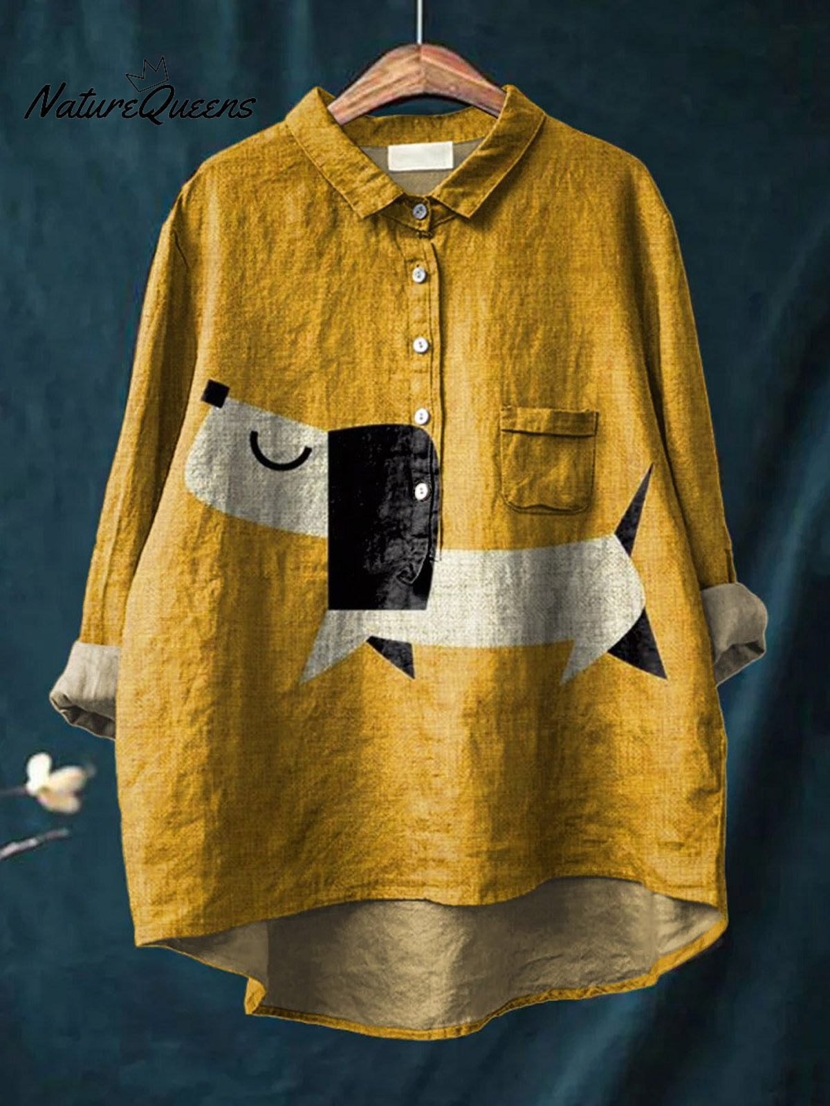 Vintage Lovely Dog Art Print Casual Cotton And Linen Shirt