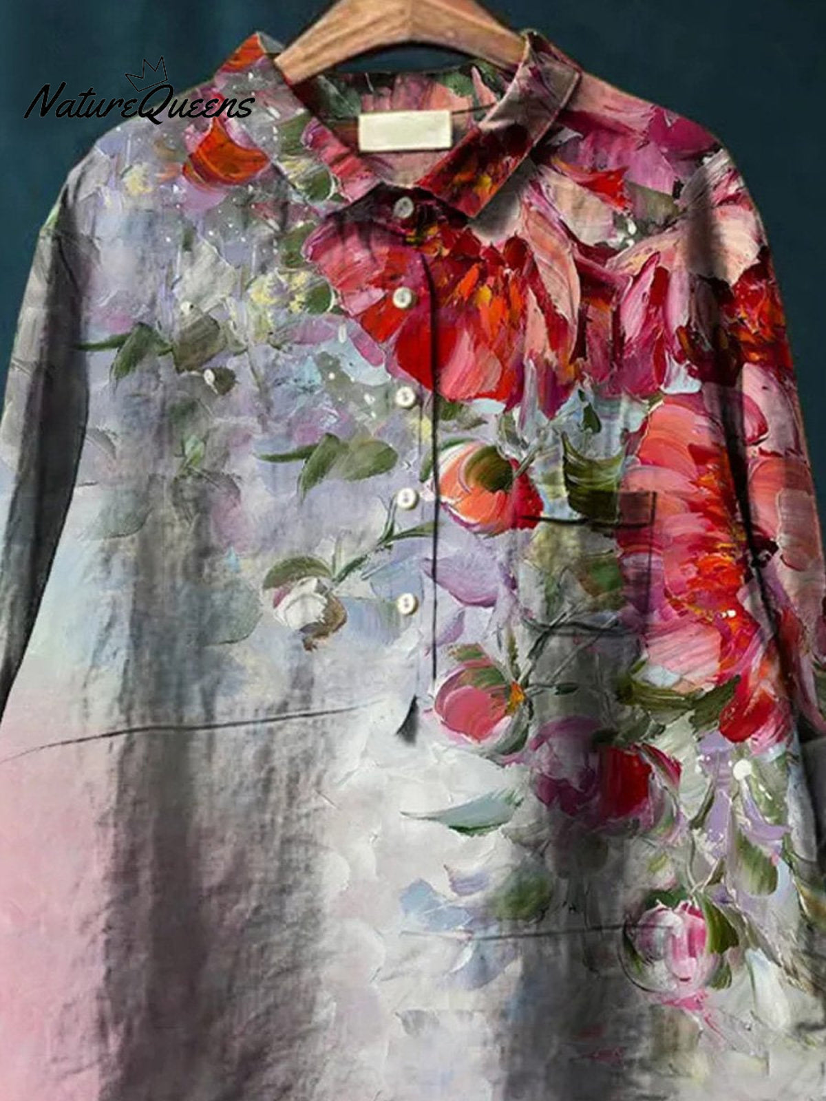 Oil Painting Peony Art Printed Women's Casual Cotton And Linen Shirt