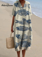Women's Vintage Lovely Fish Art Print Flowy Dress