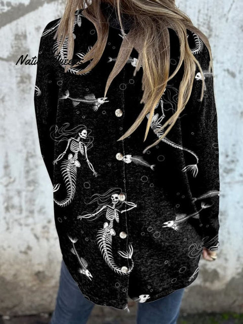 Strange Mermaid Skull Decorative Pattern Button Back Casual Knitted Shirt