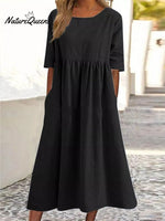 Cotton And Linen Casual Short Sleeve Pocket Pleated Loose Round Neck Dress Black / S