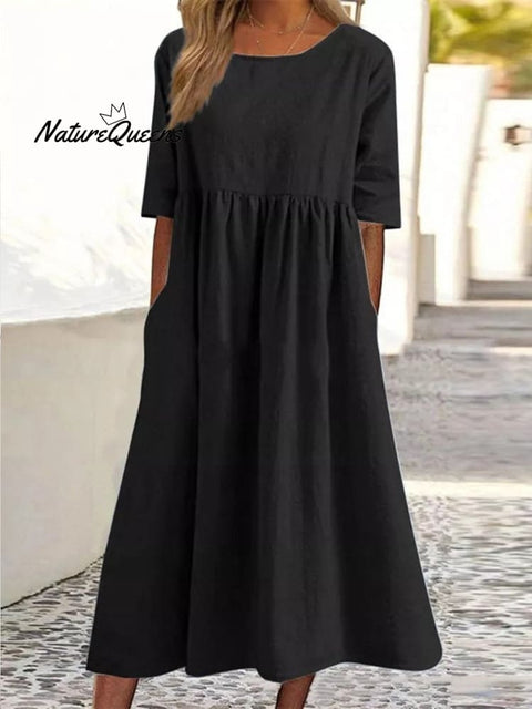 Cotton And Linen Casual Short Sleeve Pocket Pleated Loose Round Neck Dress Black / S