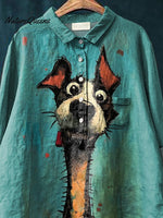 Curious Dog Painting Printed Women's Casual Cotton And Linen Shirt
