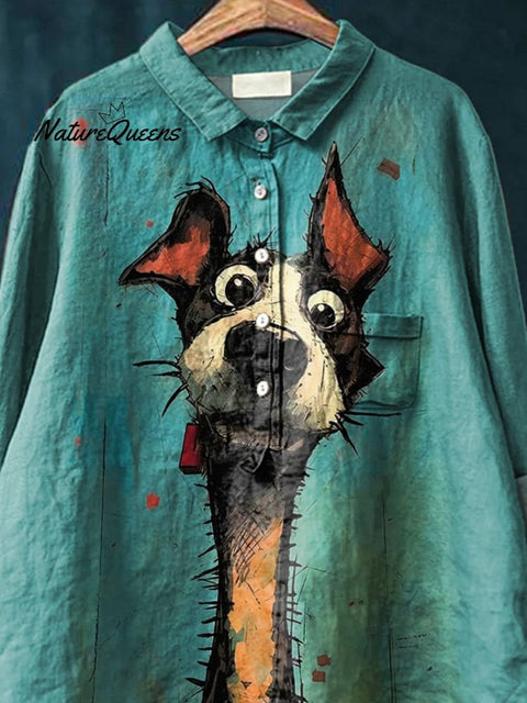 Curious Dog Painting Printed Women's Casual Cotton And Linen Shirt