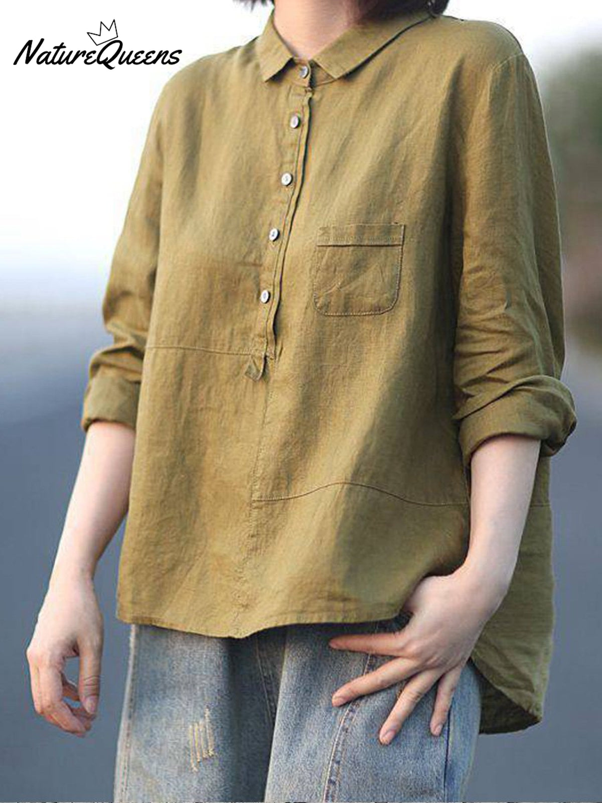 Women’s Lapel Neck Casual Solid Colour Cotton And Linen Long Sleeve Shirt