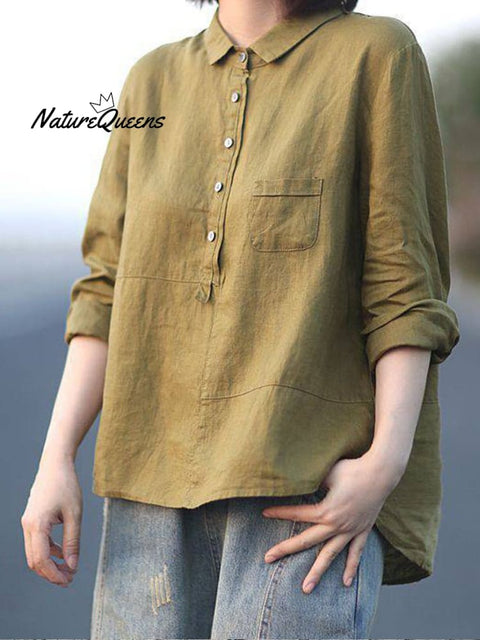 Women’s Lapel Neck Casual Solid Colour Cotton And Linen Long Sleeve Shirt