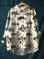 Women's Retro Distressed Small Fish Print Casual Cotton And Linen Shirt