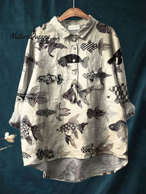 Women's Retro Distressed Small Fish Print Casual Cotton And Linen Shirt
