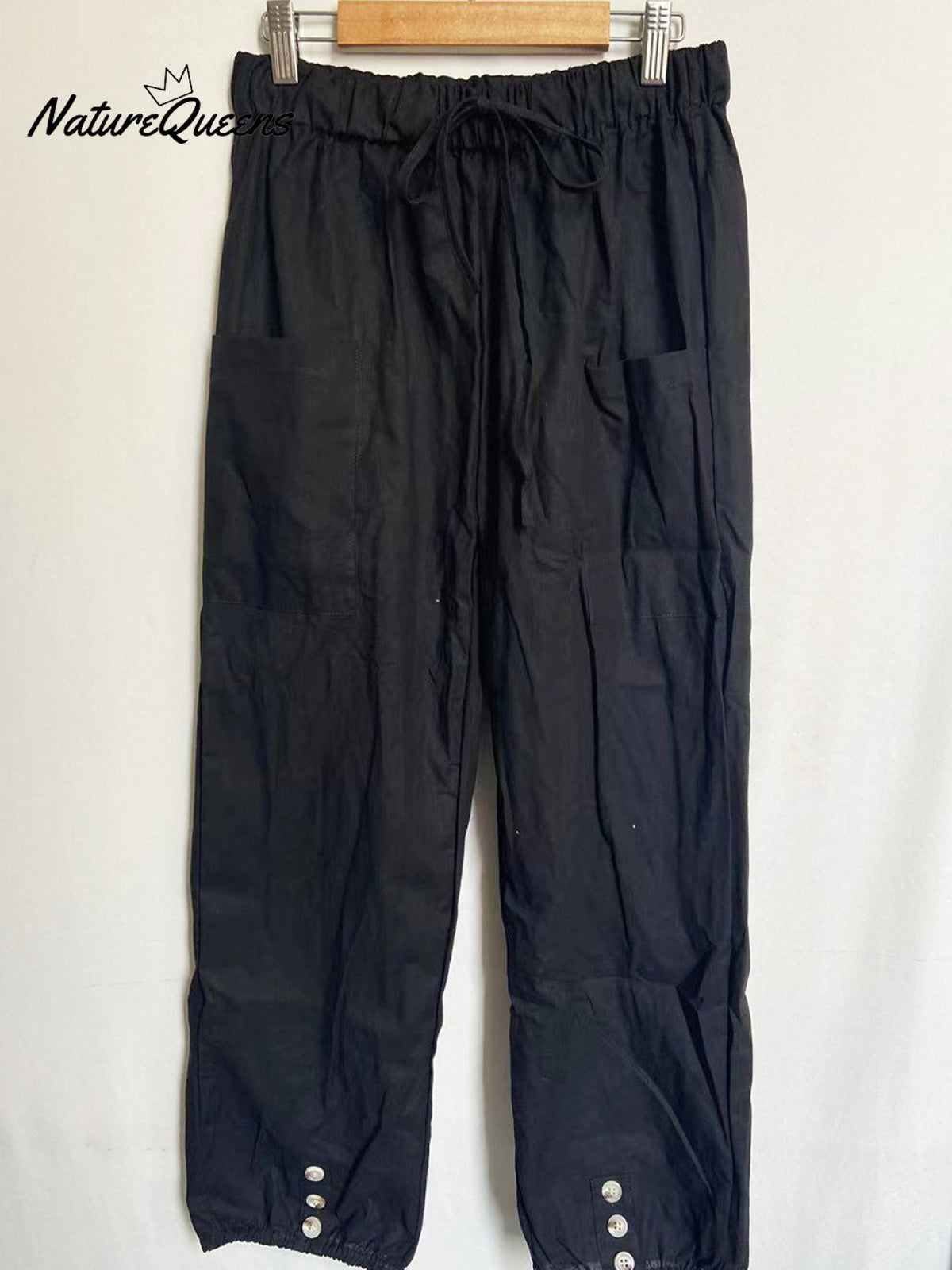 High - Waisted Buttoned Cotton And Linen Pants Cropped Black / S