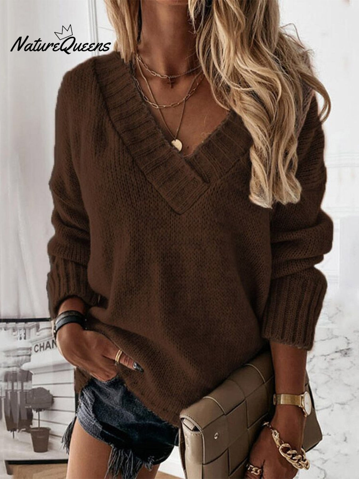 V-neck Long-sleeved Pullover Sweater Top