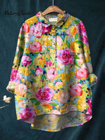 Women's Flower Print Casual Cotton And Linen Shirt