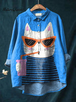Cartoon Cat In Summer Graphic Printed Women's Casual Cotton And Linen Shirt