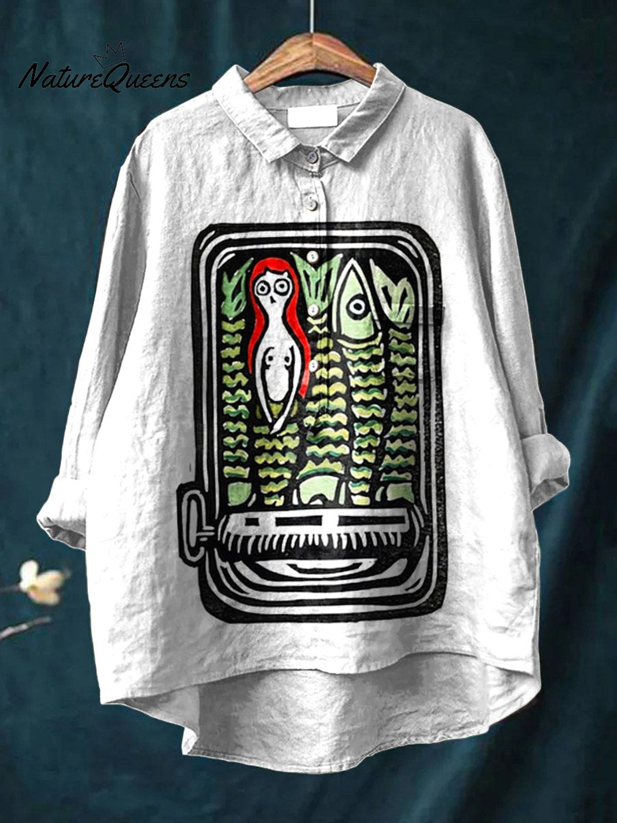 Women'sFish Girl Art Print Casual Cotton And Linen Shirt