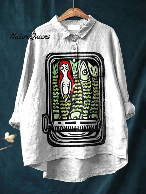 Women's  Fish Girl   Art Print Casual Cotton And Linen Shirt