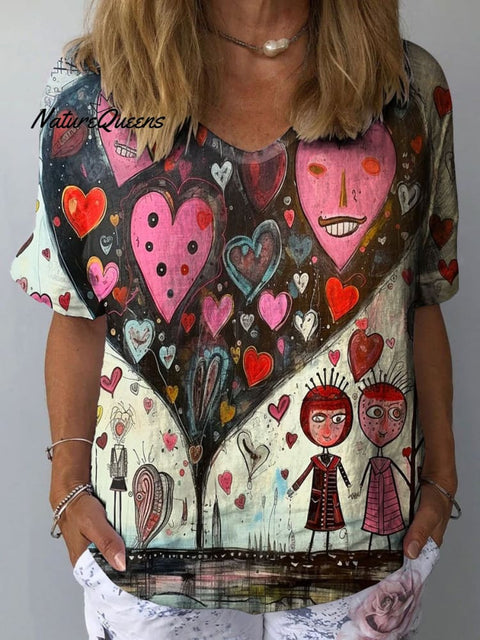 Women's Romantic Heart Shape Abstract Art Print Casual Cotton And Linen Shirt