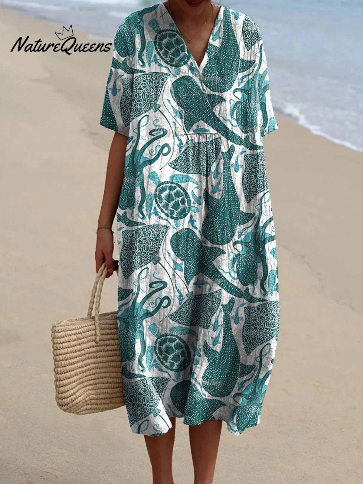 Vibrant Sea Creatures Pattern Printed Women's Flowy Dress