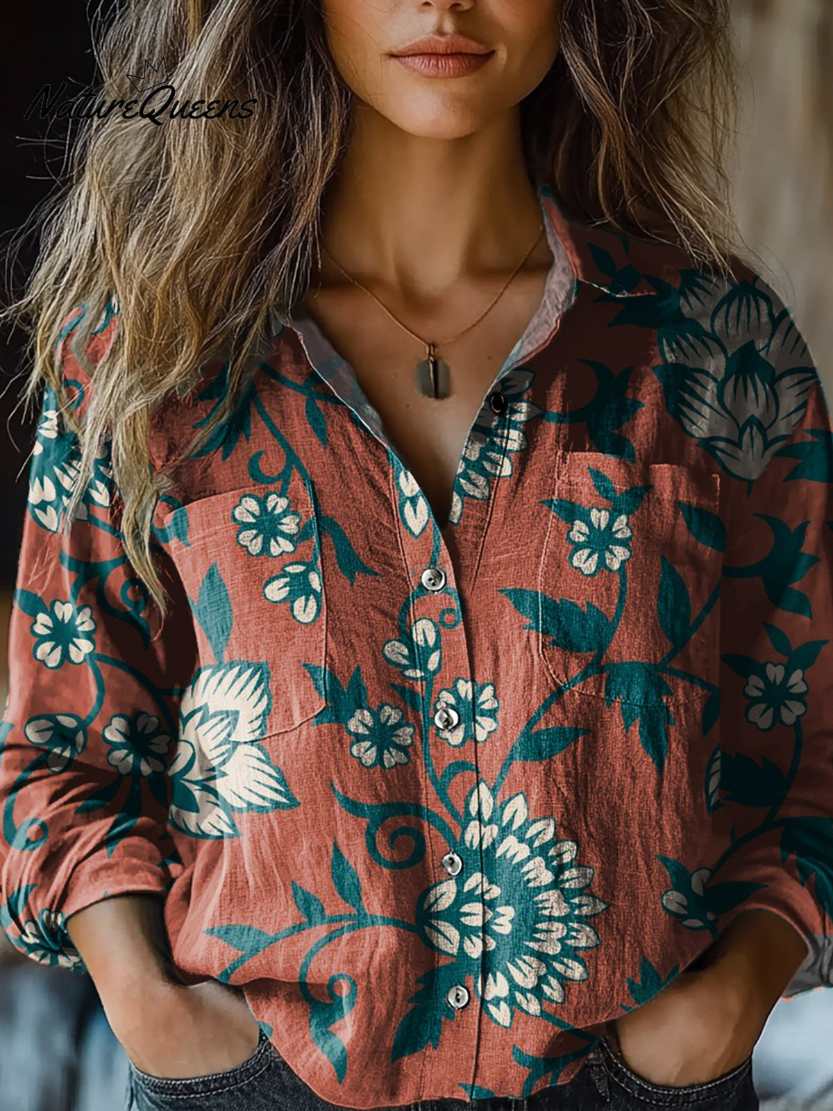 Women's Retro Red Flowers Print Casual Long Sleeve Comfortable Cotton Shirt