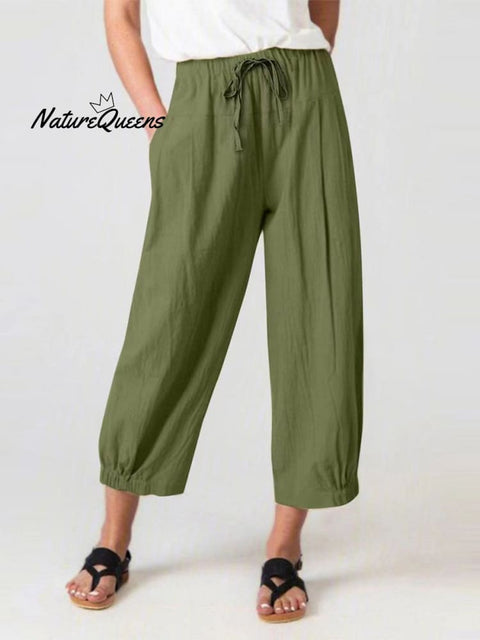 Women’s Slacks With Cotton And Linen Drawstring Pockets Green / S