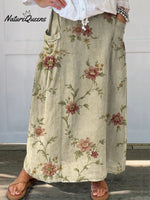 Women’s Retro Elegant Floral Art Linen Elastic Waistband Pocket Skirt Multicolor / S