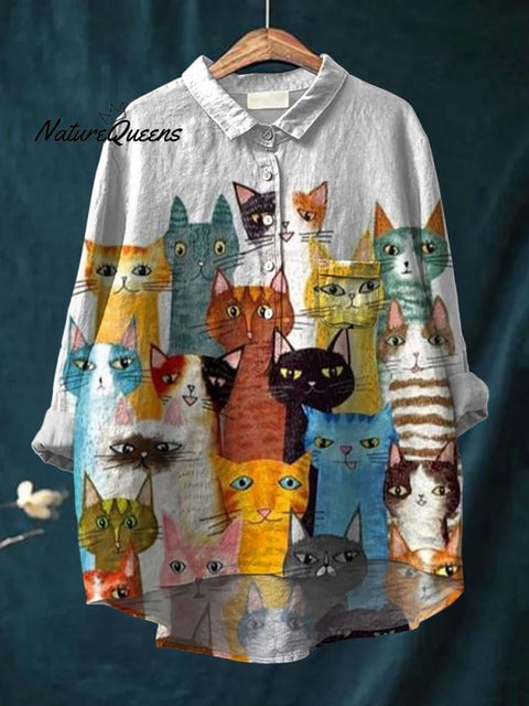 Women's Cute Cat Print Casual Cotton And Linen Shirt