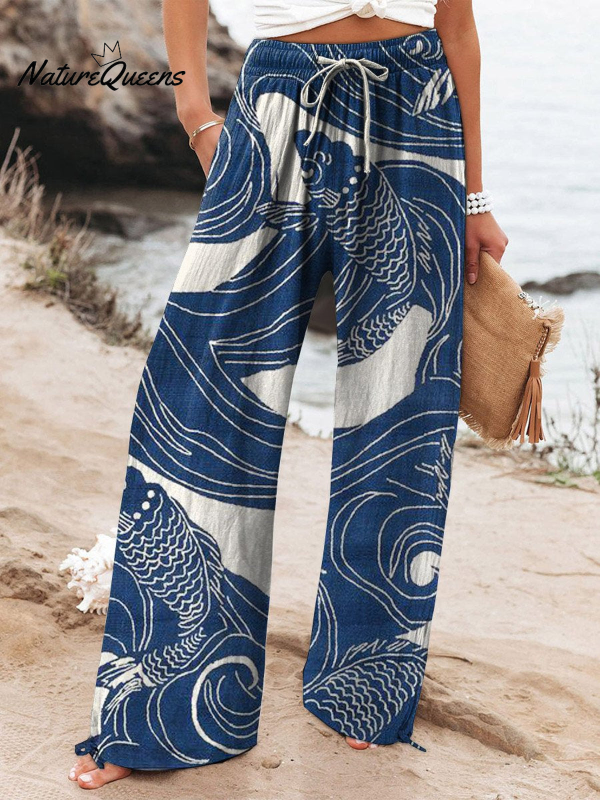 Women's Vintage Ethnic Fish Art Printed Cotton And Linen Casual Pants