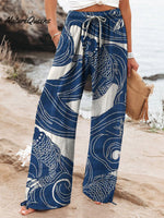 Women's Vintage Ethnic Fish Art Printed Cotton And Linen Casual Pants
