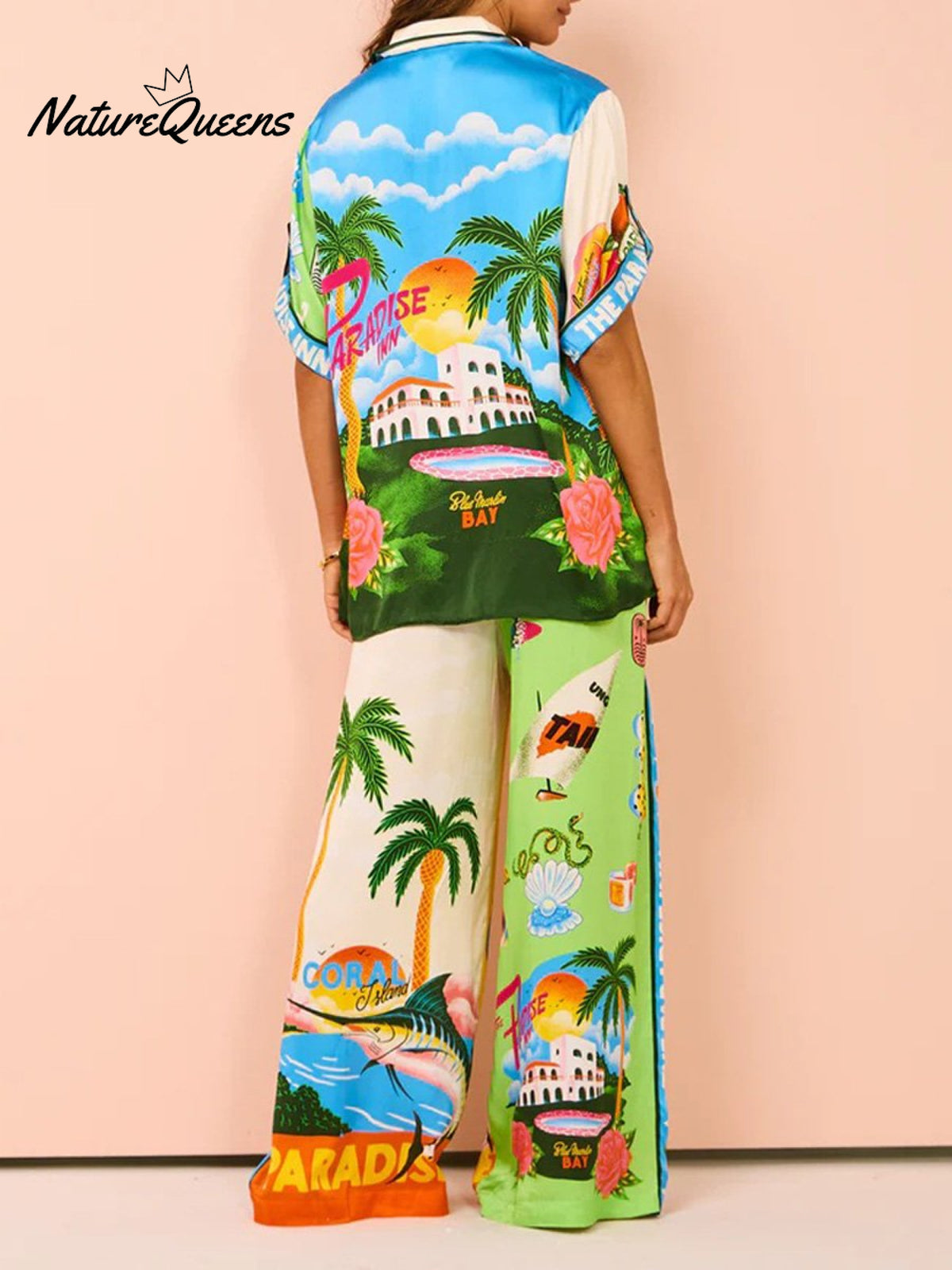 Women’s Printed Short Sleeve Shirt And Trousers Casual Suit