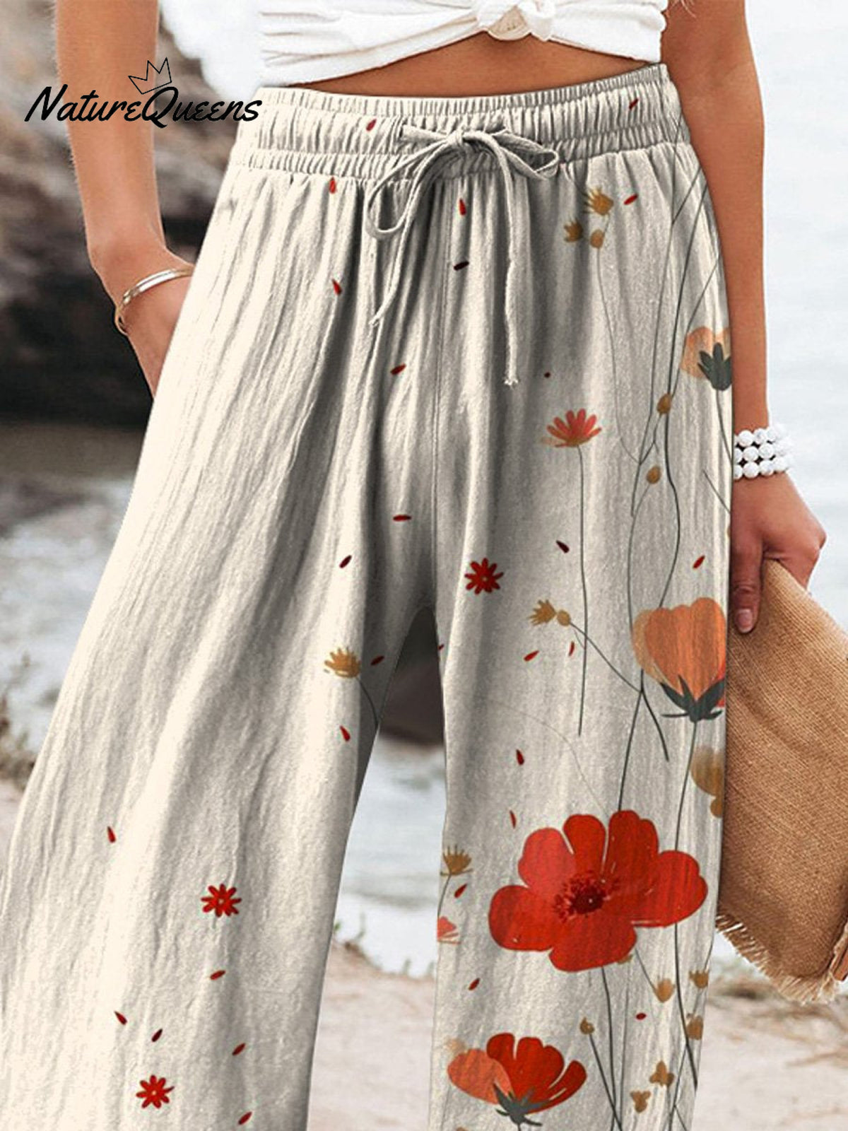 Watercolor Poppy Floral Art Pattern Printed Women's Cotton And Linen Casual Pants