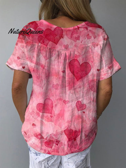 Women's Valentine's Day Lovely Hearts Art Print Casual Cotton And Linen Shirt