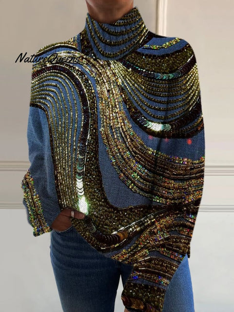 Luxurious Flowing Bead Art Print Knit Turtleneck Pullover Sweater