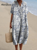Women's White Floral Print On Blue Background Print Pocket Linen Dress（Convertible Dress With Front And Back Option）