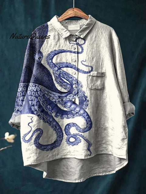 Women's Deep Sea Octopus Tentacles Art Print Casual Cotton And Linen Shirt