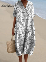 Women's Simple Face Print Print Pocket Linen Dress（Convertible Dress With Front And Back Option）