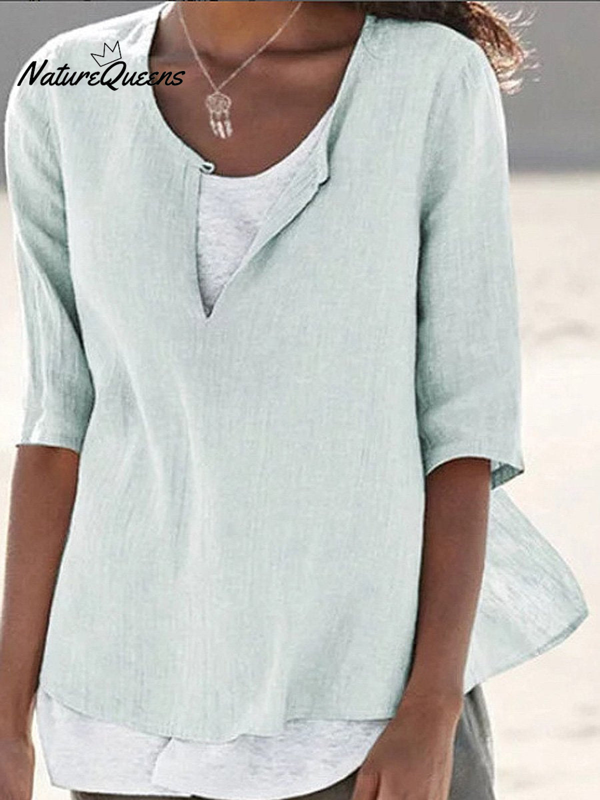 Women's Solid Color Loose Elegant Casual Cotton And Linen Mid-sleeve Shirt