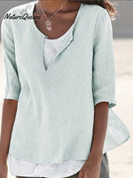 Women's Solid Color Loose Elegant Casual Cotton And Linen Mid-sleeve Shirt
