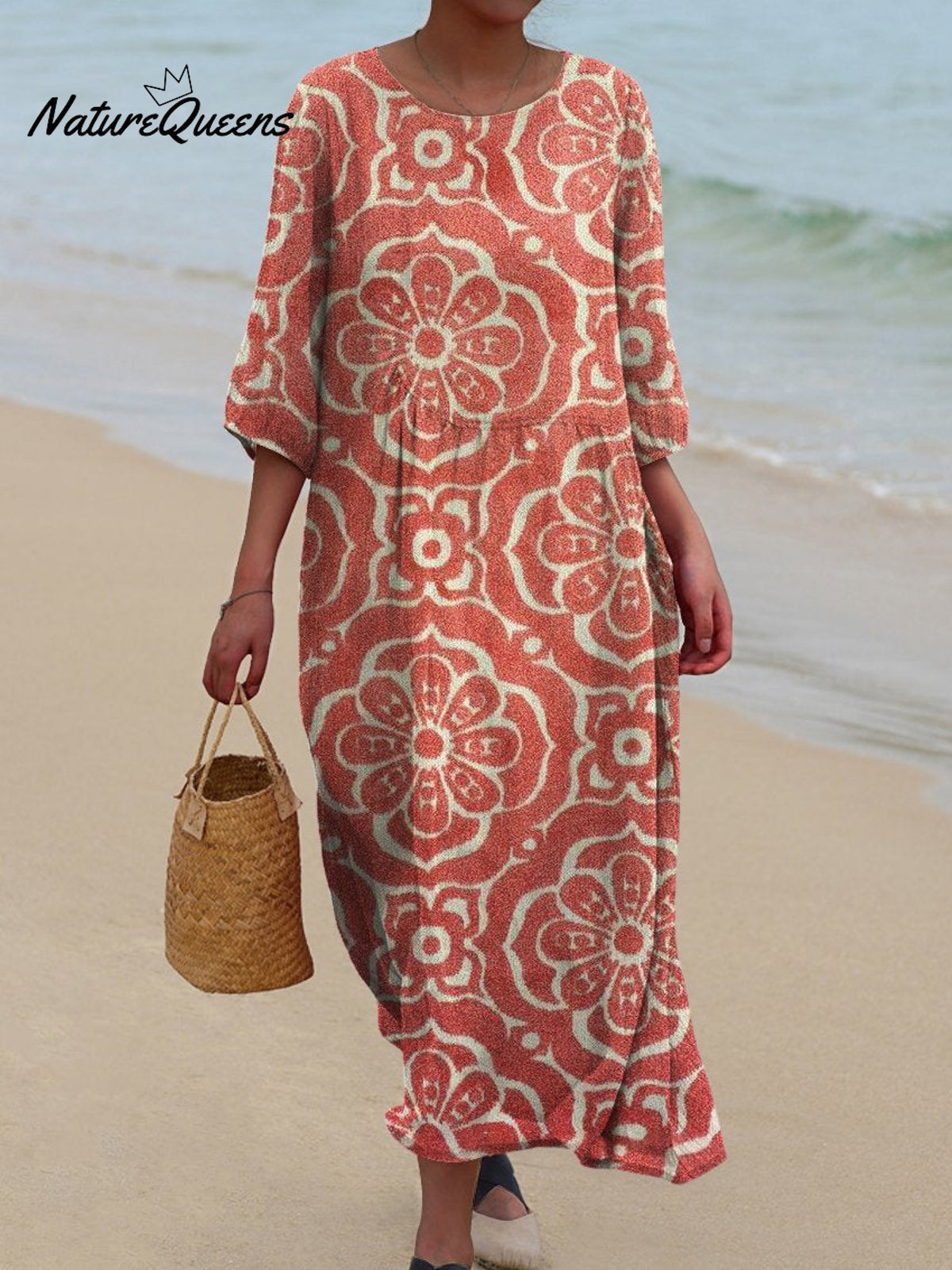 Women'sFlower ArtPrint Pocket Cotton Dress