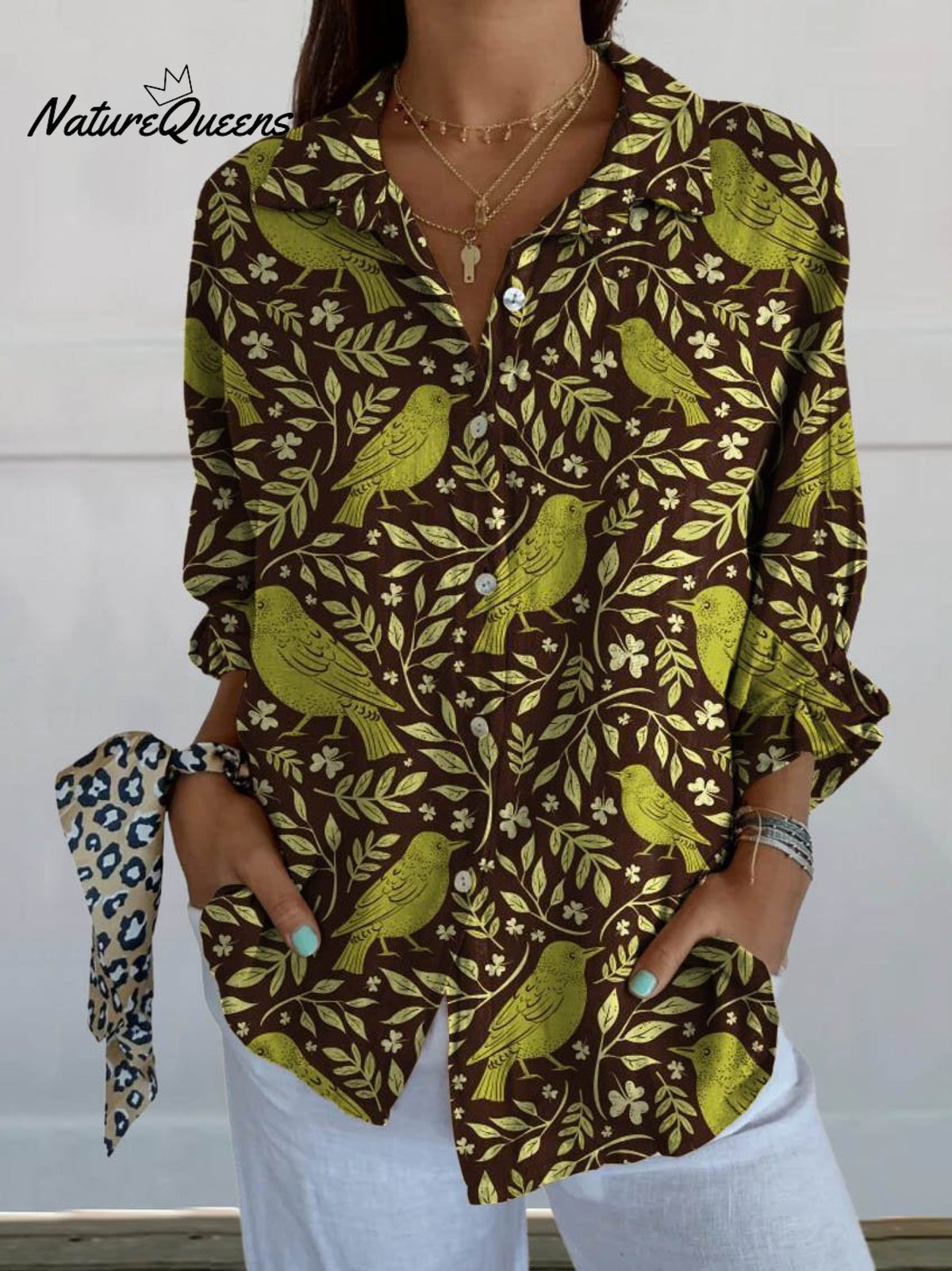 Women's Vintage Floral Birds Art Print Casual Linen V-neck Shirt