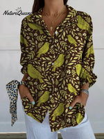 Women's Vintage Floral Birds Art Print Casual Linen V-neck Shirt