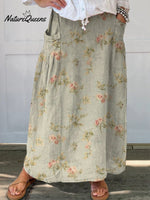 Vintage Green Flower Print Women’s Linen Elastic Waistband Pocket Skirt Multicolor / S
