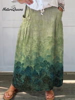 Women’s Retro Gradient Painting Art Pattern Print Linen Pocket Skirt Green / S