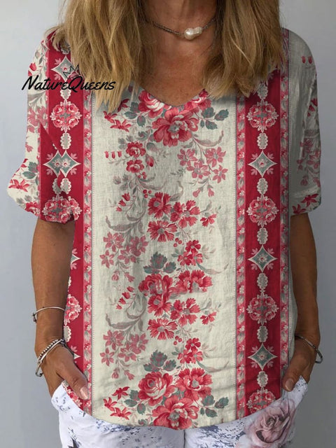 Women's Floral Art Print Casual Cotton And Linen Shirt